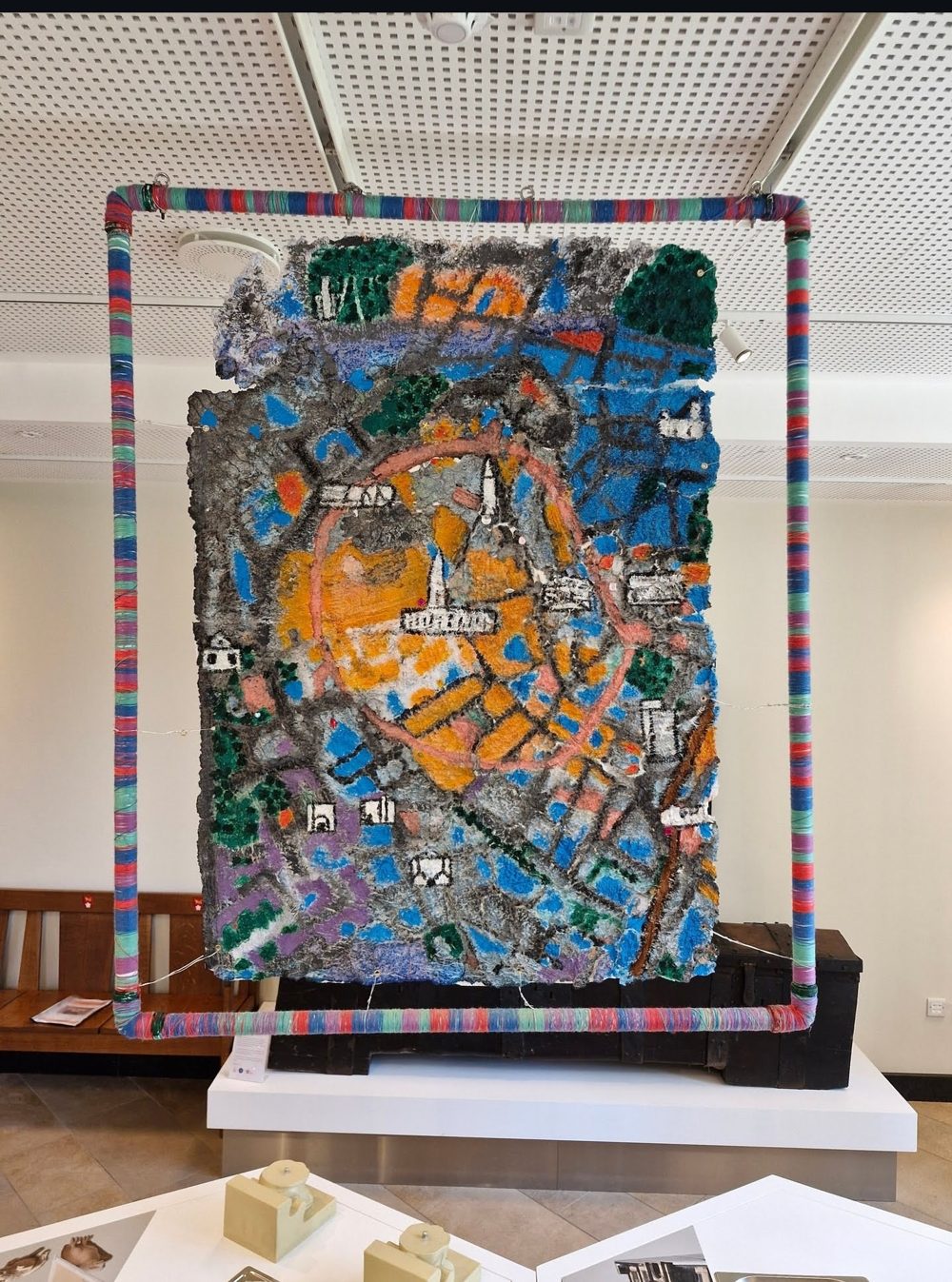 Our City Our Stories — the suspended recycled paper pulp map of Leicester installed in the Samworth Gallery at Leicester Cathedral